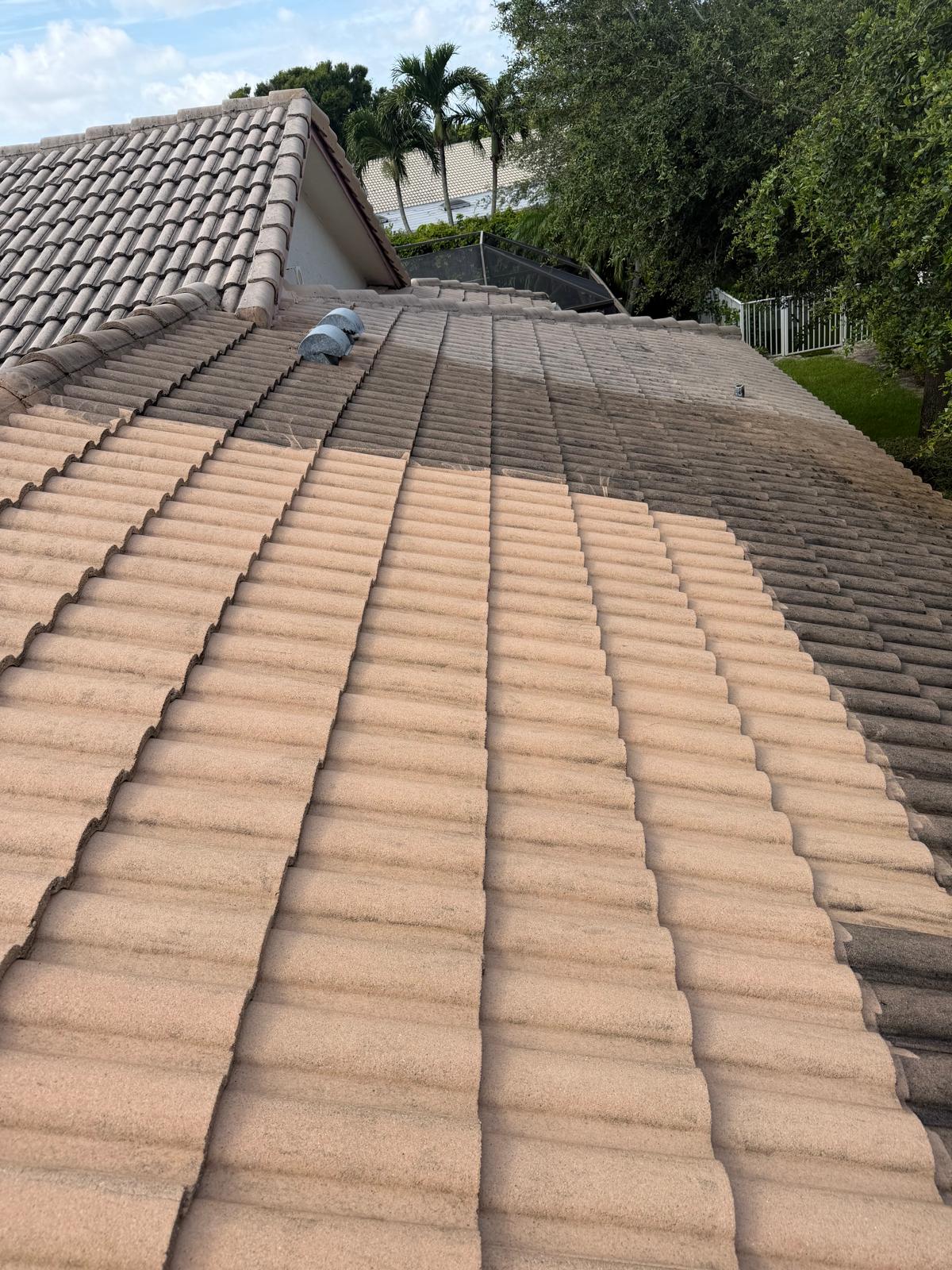 Tile roof pressure washing — before and after stripes